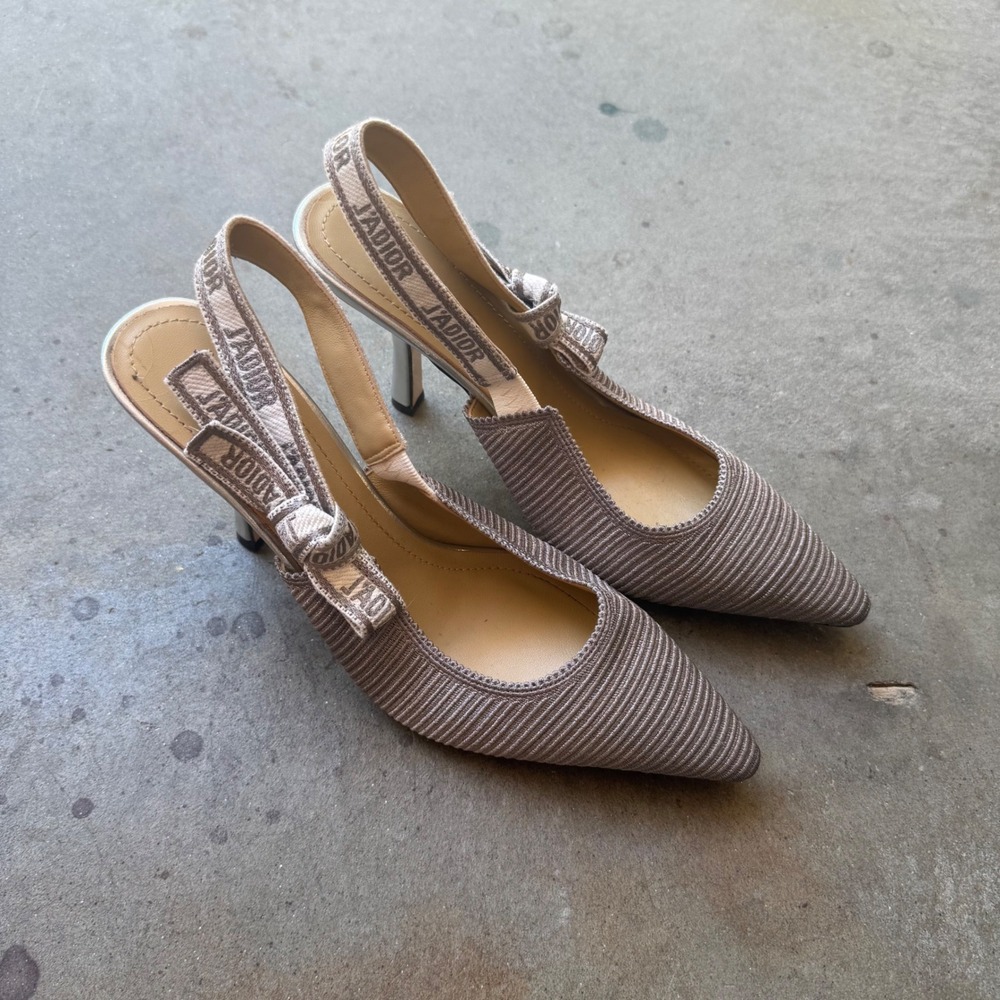 Christian Dior J'Adior Slingback Pumps Grey Silver Fabric Leather Heels Size 40D